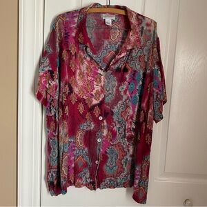 Anna Maxwell Paisley Button Up Collard Lightweight Blouse Crinkle 3X Boho Retro
